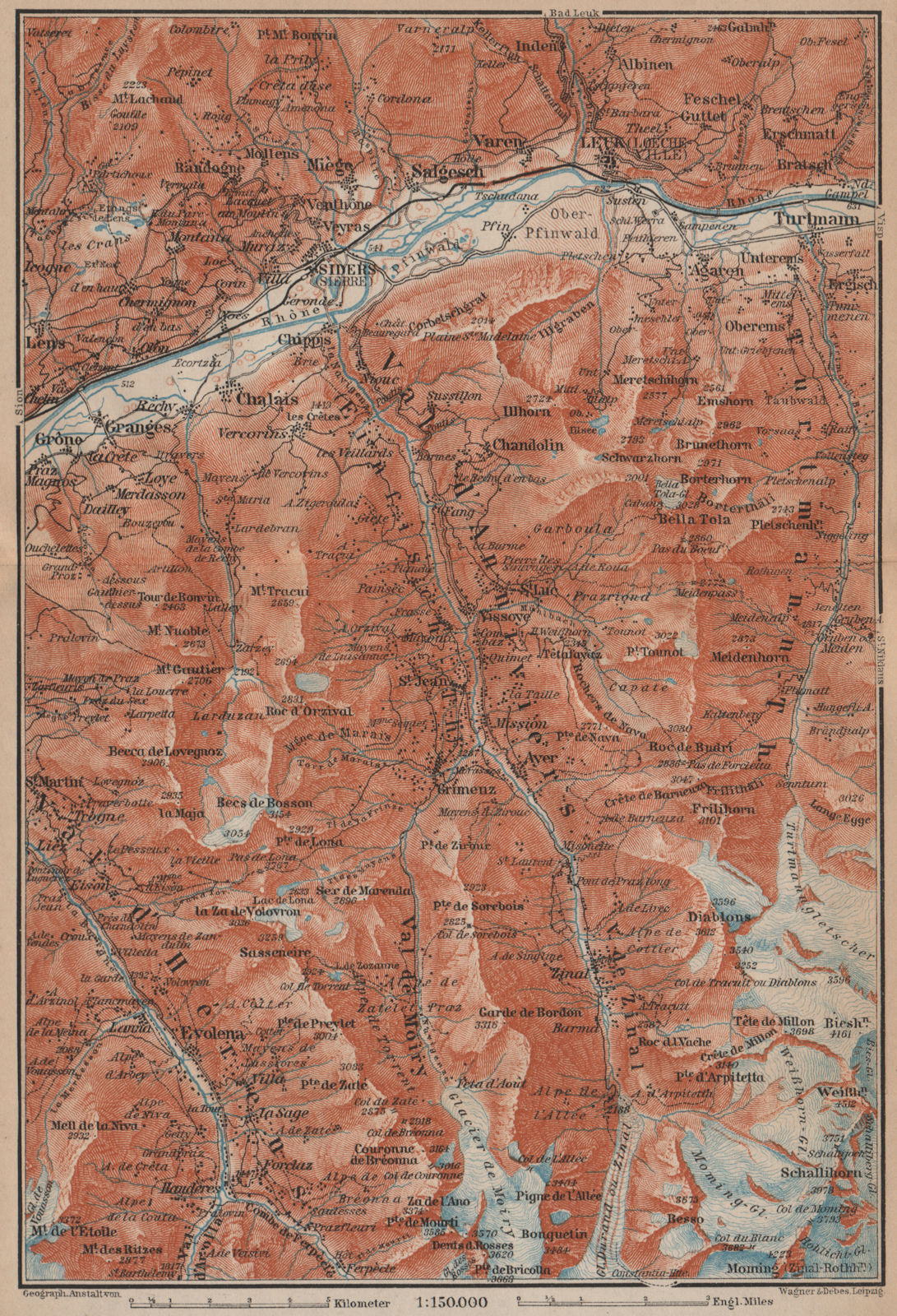 SIERRE & VAL D'ANNIVIERS. Crans-Montana Grimentz Leukle Weisshorn 1899 old map